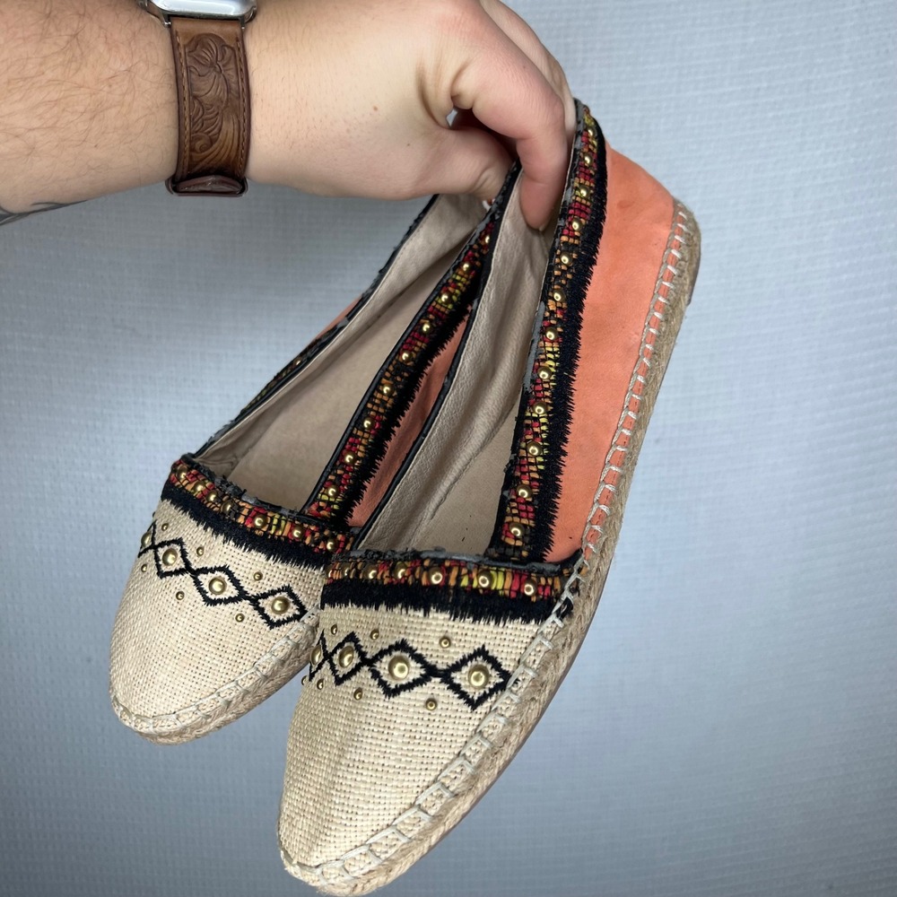 House of Harlow 1960 Women's Embroidered Espadrille Flats Coral Beige Size‎ 40
